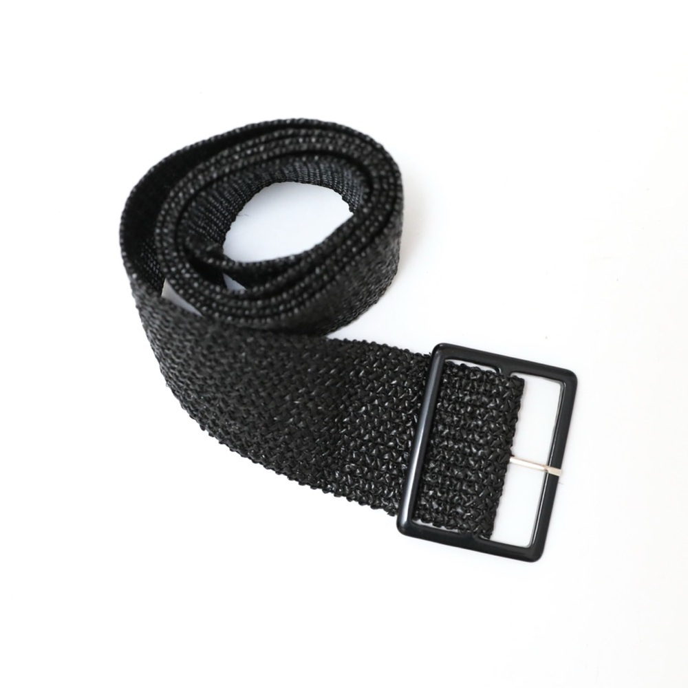 Black faux leather belt summer resortwear classic large buckle woven retro
